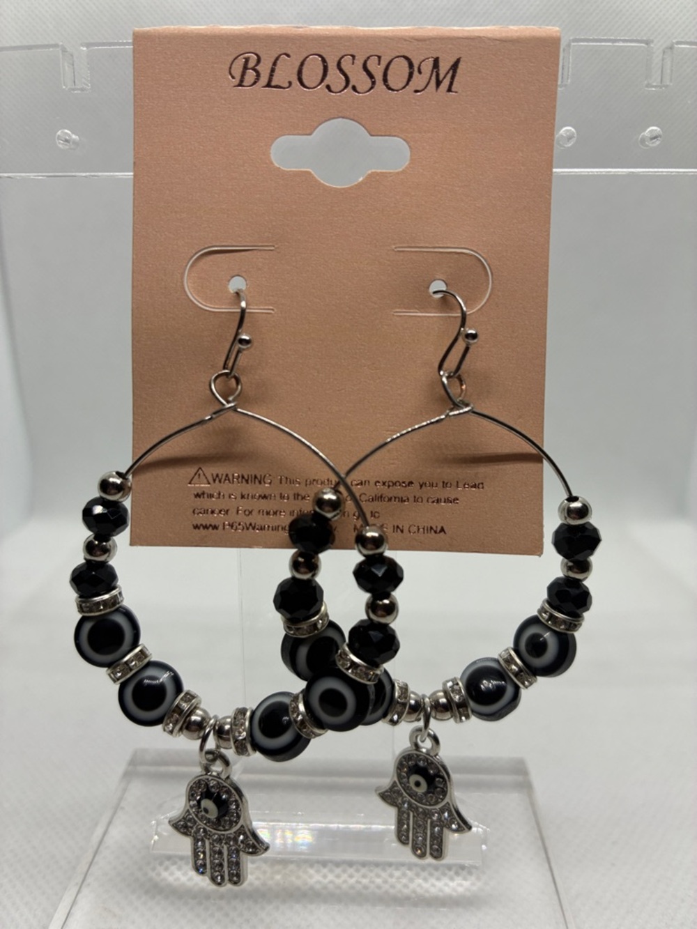3For$20 Blossom Black and Silver Hamsa Hoop Earrings